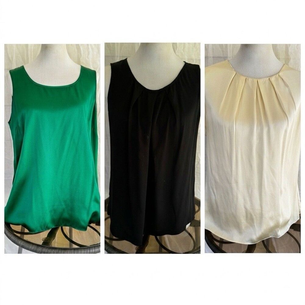 Talbots Womens Silk Blouse Lot 3 Green Black Cream Tank Top Camisole Size 12 14⁠